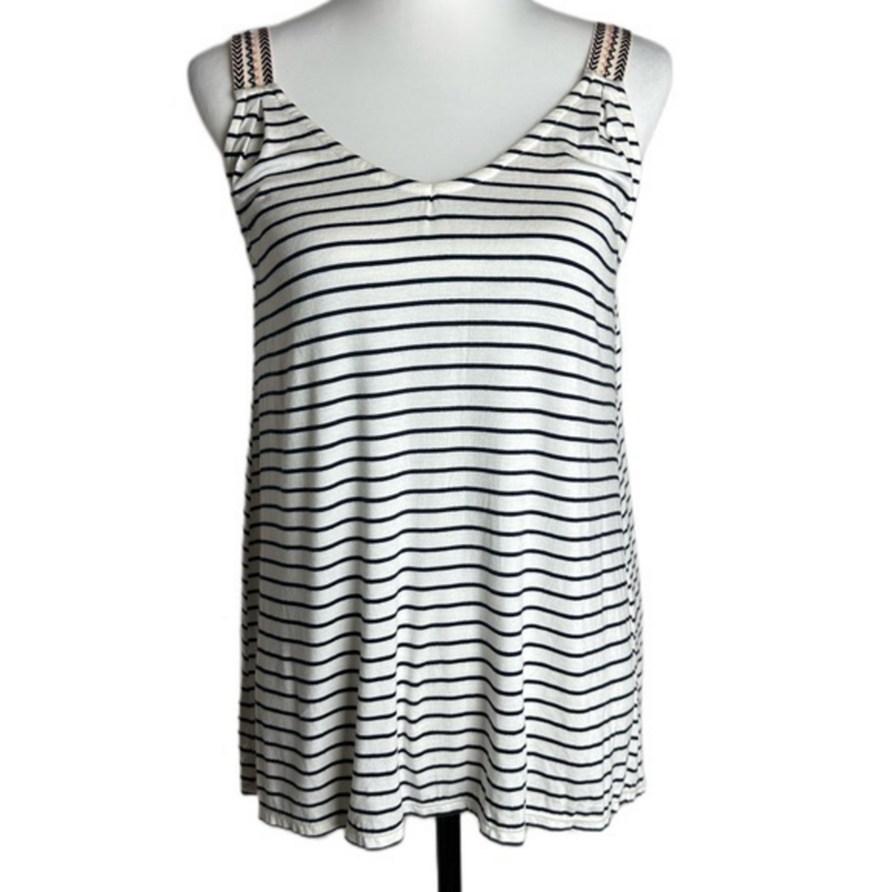 Max Studio Striped Embroidered Strap Tank Top White Navy‎ Womens Small
